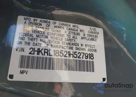 2001 Honda Odyssey Lx из США, поврежденный, VIN 2HKRL18521H527918